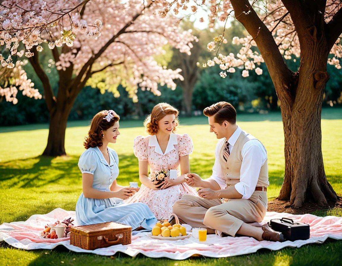 A heartwarming scene depicting a couple sharing a vintage picnic in a sun-drenched park, surrounded by blossoming flowers and retro items like an old radio and classic novels. They're dressed in elegant 1940s attire, capturing the essence of old-fashioned love. The atmosphere radiates warmth and nostalgia, with soft sunlight filtering through the trees. pastel colors. painterly style. romantic ambiance.