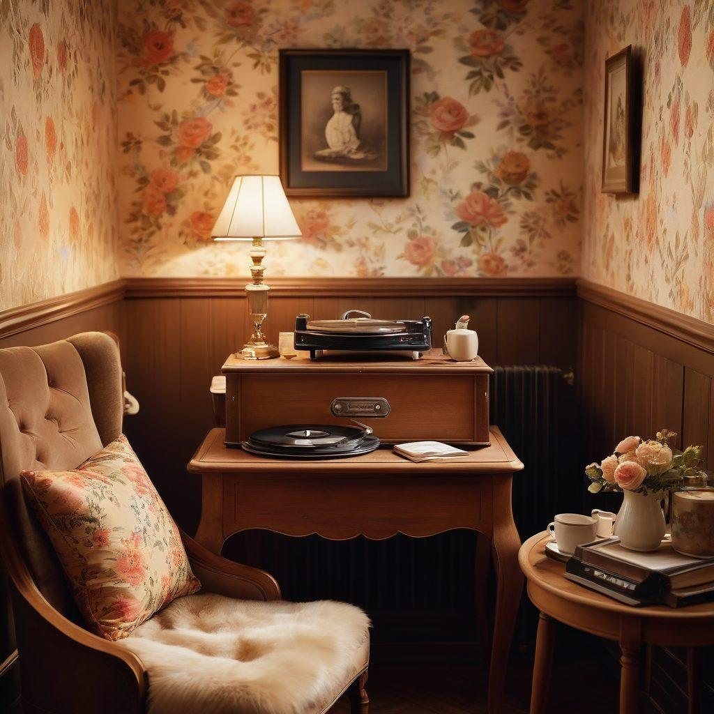 A cozy vintage room filled with soft lighting and antique decor, featuring a couple sharing an intimate moment over a classic record player. The walls adorned with floral wallpaper and framed sepia-toned photographs, radiating warmth and nostalgia. In the foreground, a cup of tea on a wooden table adds to the vintage charm. The scene captures a blend of love and passion amidst timeless elegance. super-realistic. warm tones. soft focus.